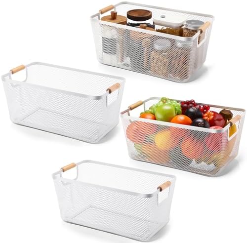 Ziliny 4 Pcs Mesh Wire Baskets for Organizing, Extra Large, Cream White