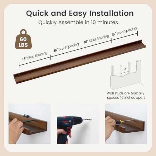 FLYJOE Picture Ledge Shelf, Floating Shelves Set of 2, Solid Pine Wood 72'' Long Large Nursery Book Shelves for Toys Storage, Kids Bookshelf for Living Room Bedroom Decor Books Photo Frames, Walnut