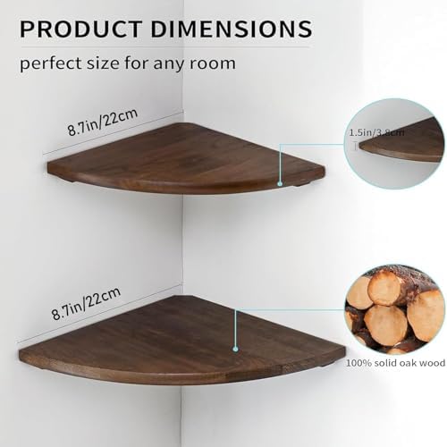 Corner Shelves, Floating Corner Shelf, Set of 2 Solid Oak Wood Wall Shelves, Round End Wall Mount with Wire Hole Shelvin
