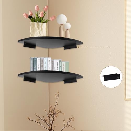 JJL Corner Shelf Wall Mounted, 12-Inch Sector Wood Floating Corner Shelves with Wire Hole, Set of 2 Circular arc Corner 