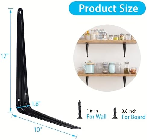20 Pack Shelf Brackets 12 Inch, Black Metal Brackets for Shelves, L Shape Shelving Brackets (Black, 12" x 10")