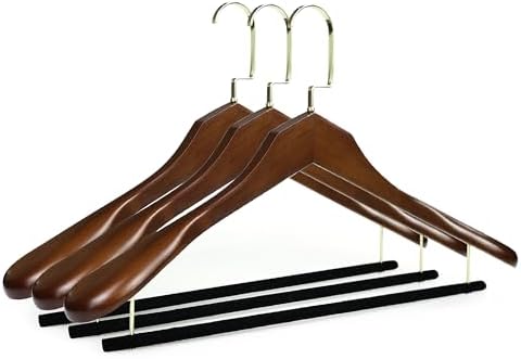 Luxury Wide Shoulder Wooden Suit Hangers, Flocking Pants Bar, Classisc Solid Wood Jacket Clothes Hangers Smooth Finish for Sweater Dress Pants Sport Coats (Dark Brown, 3 Pack)