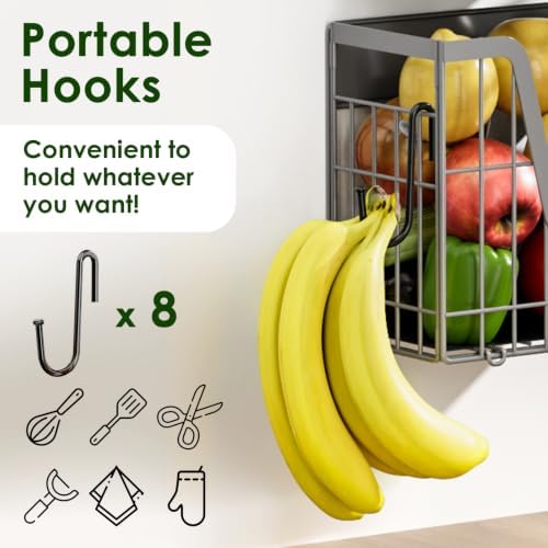 4 Pack Magnetic Shelves for Fridge, Grey Fruit Baskets with 8 Hooks