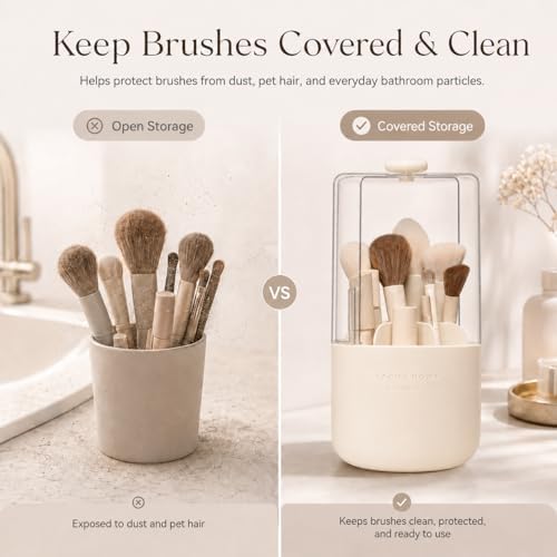 EACHY Makeup Brush Holder with Lid, Rotating Makeup Brush Organizer, Beige