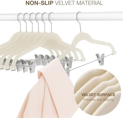Korpai 24-Pack Beige Velvet Hangers with Clips Adjustable,Adult Hangers,Outfit Hangers,Heavy-Duty,Non-Slip,Space Saving, Felt Hanger for Pants, Skirts, Suits,Coats, Dresses ect.