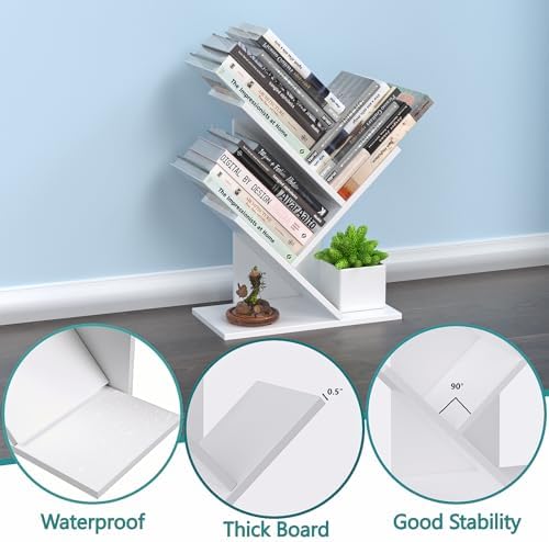 R RUISHENG 3 Tier Small Tree Bookshelf Storage Organizer Shelves Floor Standing Bookcase Desk Wood Storage Rack for Home