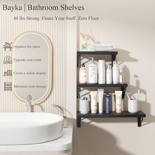 BAYKA Wall Mounted Floating Shelves (Black, Set of 3, 16" Mixed)