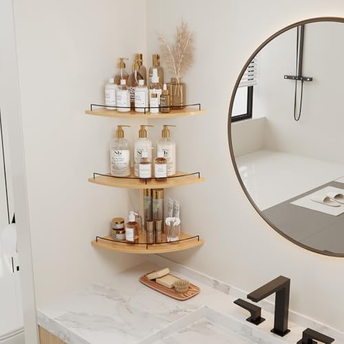 JJL Corner Shelf Wall Mounted, 12 Inches 3-Tier Floating Corner Shelf, Fan-Shaped Rustic Wood Decor with Fence, Natural 