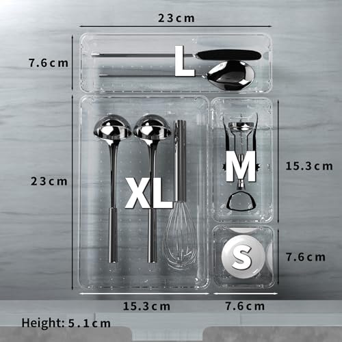 Cetomo 14 Pcs Drawer Organiser Set, Plastic Storage Organizer, Drawer Dividers, Adjustable and Expandable, Container Tray for Kitchen Utensils, Cosmetic, Makeup, Gadgets, Clear, 4 Size-14 Pack