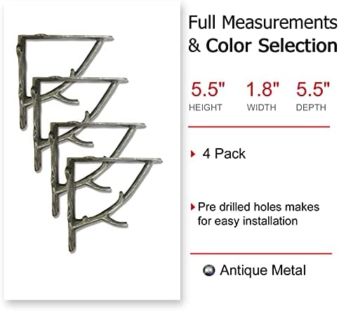 NACH Rustic Branch Metal Shelf Brackets, 6 inch, Decorative, Antique, 2 Floating, JS-90-078AMS