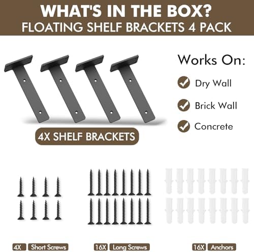 4 Pack Heavy Duty Metal Shelf Brackets 10 inch Long,Black