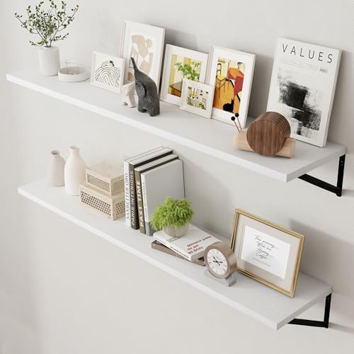 Axeman Floating Shelves for Wall White - 55 Inch Wide x 12 Inch Deep Wall Shelves Set of 2 - White Deep Wood Floating Sh