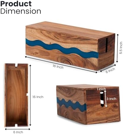 Acacia Wood & Epoxy Cable Management Box, 16X 6 X 5.5 Cable Hider Box, Cable Organizer Box Ideal for Under Desk Cable Ma
