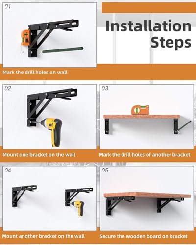 10-Inch Foldable Brackets for DIY Folding Shelves or Tables, L Shelf Brackets Collapsible, Heavy Duty Folding Bracket, M