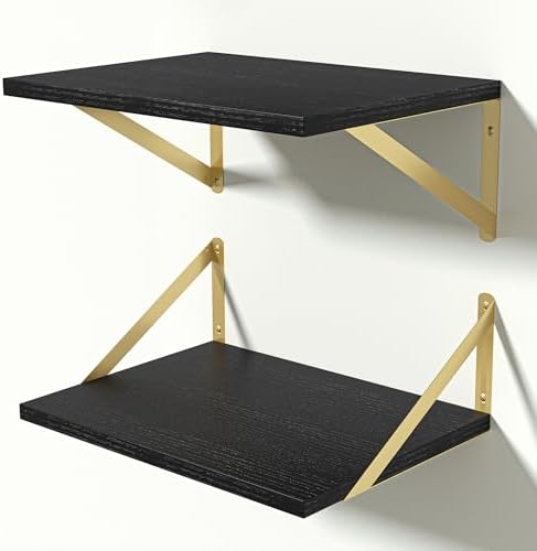 Heimlove 12 Inch Deep Black Floating Shelves，Wood Wall Shelves 16" W x 12" D Set of 2,Wall Mounted Shelves for Living Room, Bedroom, Kitchen, Bathroom,Closet and Decor Storage，Gold Bracket