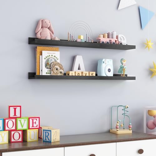 FLYJOE Picture Ledge Shelf Wall, 36 inch Solid Ash Wood Nursery Book Shelves 2 Packs, Floating Ledge Shelves for Kids' Room Bedroom Bathroom Living Room Photo Frames Office Nursey Wall Decor, Black