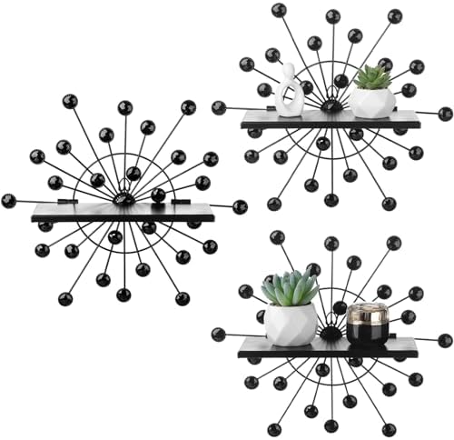 Yaocom 3 Pcs Crystal Floating Shelves, Bling Sparkle Metal Starburst Wall Decor Shelves, Black Folding Wall Mounted Stor