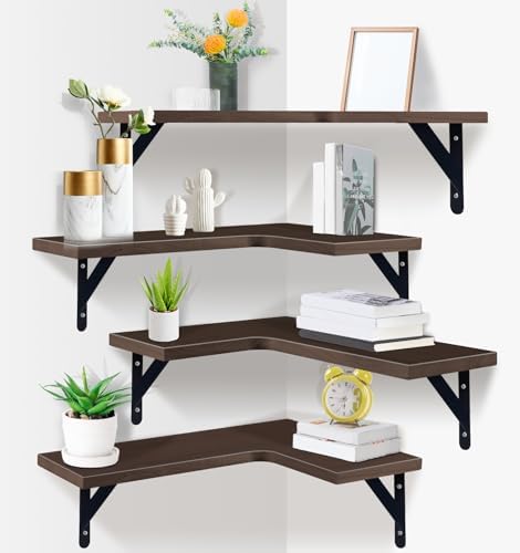 Corner Floating Shelves, Set of 4, Brown, 15.9 x 11.4 Inch