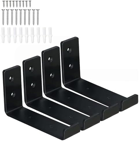 HEART ART Black Shelf Bracket 6 inch, J Metal Heavy Duty Shelf Support Brackets 4 Pack,6.3" L×4.8" H×1.2" W