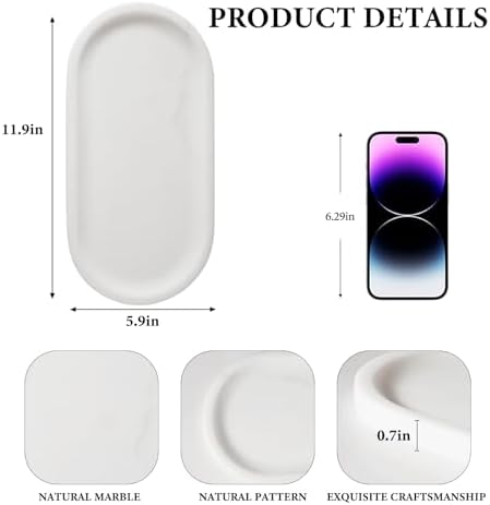 Koville Natural Marble Tray for Bathroom Decor Countertop, Vanity Tray Italy Oval Stone Trays for Candles Perfume, Stora