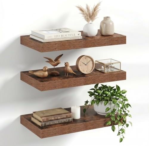 16" Floating Shelves for Wall, Set of 3, 8" Deep, 1.5" Thick, Brown