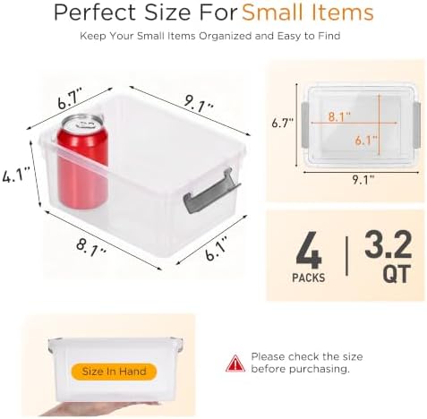Citylife 4 Packs Small Storage Bins with Lids 3.2 QT Plastic Storage Containers for Organizing Stackable Clear Storage B