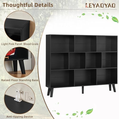 LEYAOYAO 10 Cube Bookshelf, Mid-Century Modern Book Shelf with Legs, Black