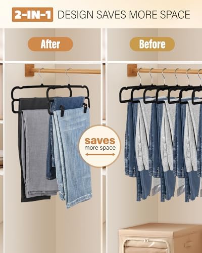 WJWSKI Velvet Pants Hangers with Double Non Slip Bar - with Adjustable Clips- Thin Space Saving Clothes Hanger - 360° Swivel Felt Trouser Hanger Perchas Terciopelo 10 Pack (Black)