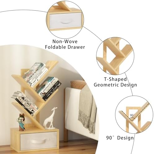 SHEEPAM 4-Tier Tree Bookshelf Small Bookcase with Drawer