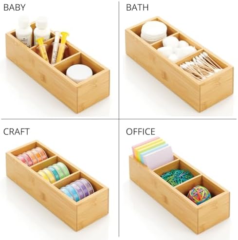 mDesign Slim Bamboo Wood Compact Food Storage Organizer Bin - 3 Divided Sections - Holder for Seasoning Packets, Pouches