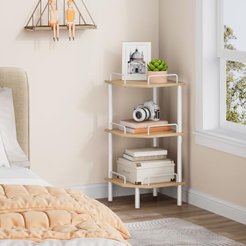 Tajsoon 3 Tier Corner Shelf Stand, Small Corner Table, Natural & White
