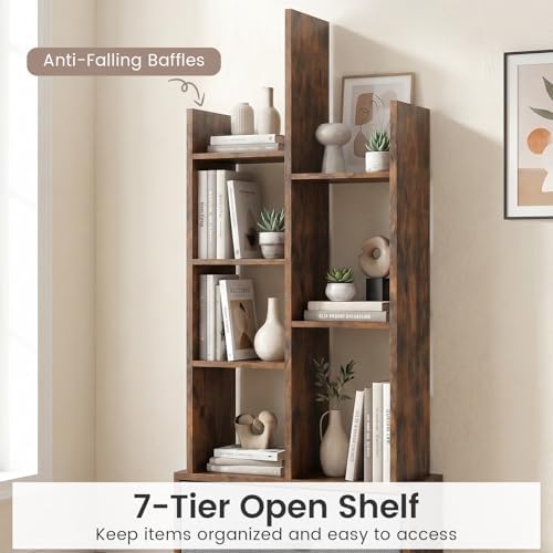 Tangkula 7-Tier Narrow Bookshelf with Fabric Drawer, Staggered Geometric Bookcase for Small Spaces, Industrial Wooden St