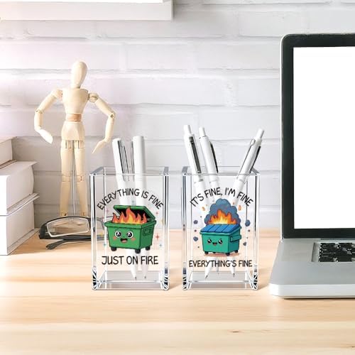 Everything is Fine Just On Fire Acrylic Pencil Pen Holder Cup Set 2, Cute Pencil Holder Desk Organizer, Funny Dumpster Fire Desk Accessories, Sarcastic Office Gifts for Women Coworkers Teachers