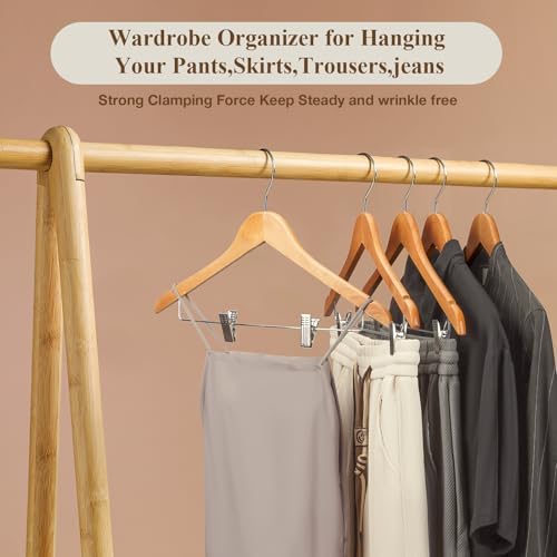 Wooden Hangers with Clips 12 Pack Wooden Pants Hangers,Skirt Hangers with Adjustable Clips,Hangers for Pants,Jeans,Slacks,Shorts（Natural）