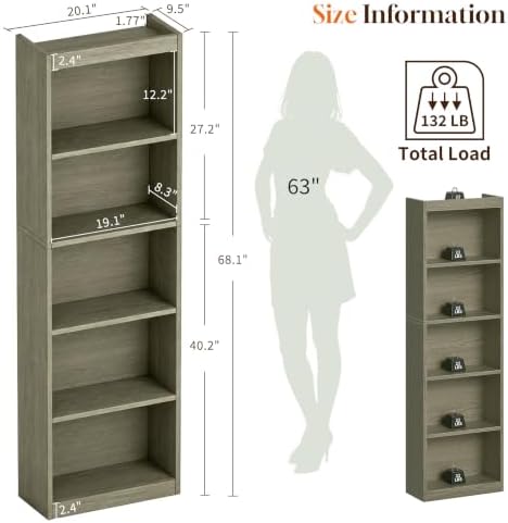 5 Tier Bookshelf,Open Storage Book Shelf,68 Inch Bookcase