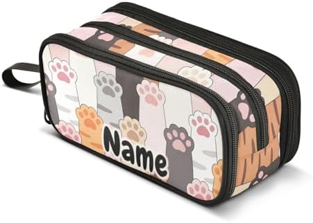 Custom Cat Paw Prints Pencil Case Box Boys Girls Personalized Name Large Pencil Pouch Stationery Pen Bag Organizer for Kids Adults School Office