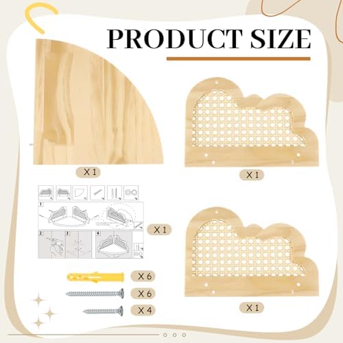 2 Pcs Cloud Floating Corner Shelf Set Boho Rattan Storage with Natural Pine Wood Frame Cute Corner Shelves for Wall Home