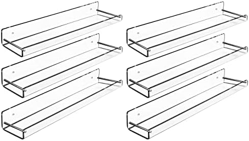 AMT 6 Pack Acrylic Floating Shelves, 15" L x 3.25" W, Clear Bathroom Wall Shelf, Bookshelves, Invisible Display for Offi
