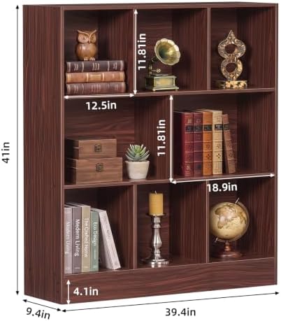 YAHARBO 3 Tier 8 Cube Horizontal Bookshelf,Low Bookcase with Sleves,Walnut