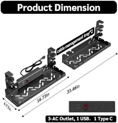 CABTE Under Desk Cable Management Tray with Power Outlet