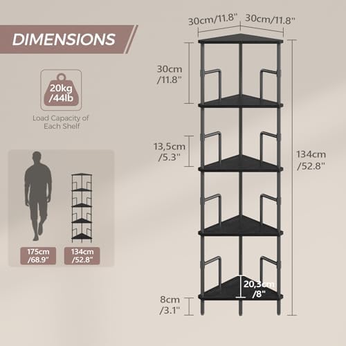 MAHANCRIS 5-Tier Corner Shelf, 52.8" Tall Corner Bookshelf with Metal Frame, Narrow Display Shelf Stand, Industrial Corn