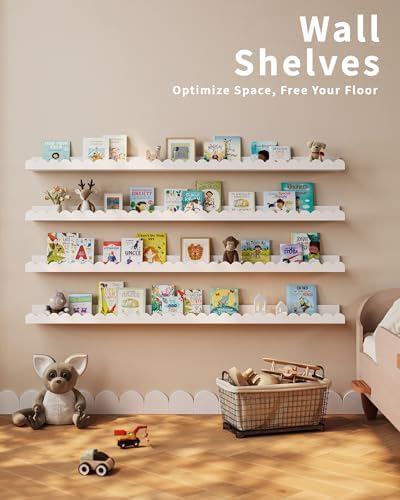 Shario Nursery Book Shelves, 4-Pack White Floating Shelves for Wall Kids, Scalloped Shelves, Wall Book Shelves for Bedro