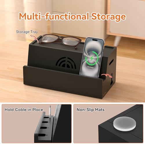 Bamboo Cable Management Box, Black, 31X14X15.5CM