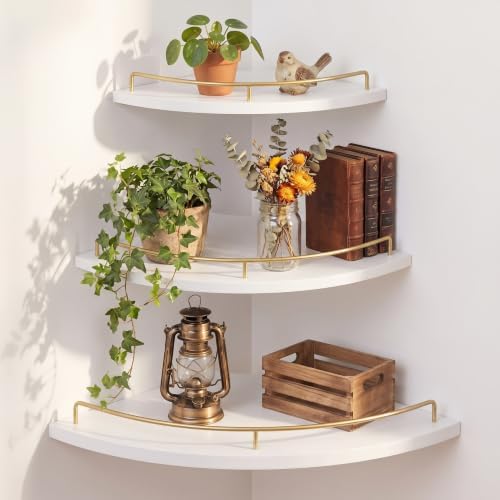 Novabright Corner Floating Shelf Set of 3 White & Gold Wood 9/10/12 in