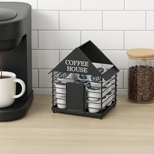 House-Shaped Coffee Pod Organizer – Countertop Coffee Station Holder for Keurig & Nespresso Pods – Modern Black or Gold 