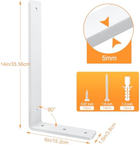 White Floating Shelf Bracket 14 Inch, 6 Pack Heavy Duty Shelf Brackets, Wall Shelf Bracket for DIY Decorative with Mount
