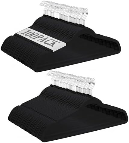 SUPER DEAL Velvet Hangers 100 Pack, Premium Clothes Hanger Slim Non-Slip Notched for Suit Coat Pants Dress 360 Degree Swivel Space Saving Heavy Duty for Closet, Black
