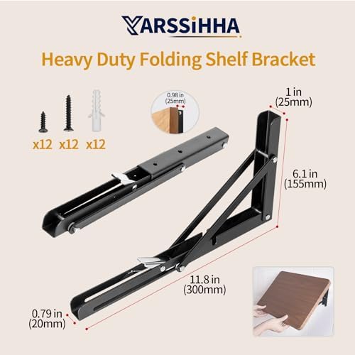 Yarssihha 12 Inch Folding Shelf Bracket, 4 Pack Heavy Duty Wall Mounted Foldable Brackets, Space-Saving Metal Collapsibl