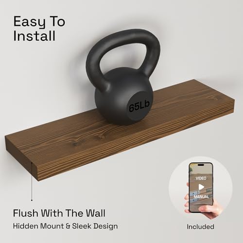 Solid Wood Floating Shelves for Wall 24 Inch Walnut, Wooden Bathroom Shelf