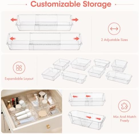 15 Pcs Expandable Drawer Organizer,Adjustable Drawer Organizer,2-Size,Clear
